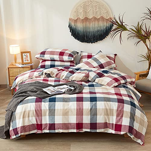 Blue Red Duvet Cover Twin Size, 100% Washed Cotton Duvet Cover Set Checkered Bedding Set Geometric Grid Comforter Cover 3 Piece with Zipper Closure, 1 Duvet Cover 68x90 inches and 2 Pillowcases