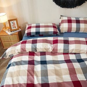 Blue Red Duvet Cover Twin Size, 100% Washed Cotton Duvet Cover Set Checkered Bedding Set Geometric Grid Comforter Cover 3 Piece with Zipper Closure, 1 Duvet Cover 68x90 inches and 2 Pillowcases