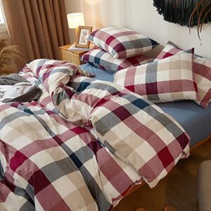 Blue Red Duvet Cover Twin Size, 100% Washed Cotton Duvet Cover Set Checkered Bedding Set Geometric Grid Comforter Cover 3 Piece with Zipper Closure, 1 Duvet Cover 68x90 inches and 2 Pillowcases