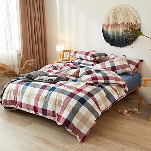 Blue Red Duvet Cover Twin Size, 100% Washed Cotton Duvet Cover Set Checkered Bedding Set Geometric Grid Comforter Cover 3 Piece with Zipper Closure, 1 Duvet Cover 68x90 inches and 2 Pillowcases