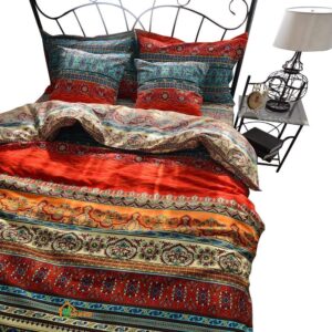 hnnsi 100% brushed cotton boho duvet cover with 2 pillow shams queen size,bohemian exotic striped bedding sets, ethnic vintage floral comforter cover sets
