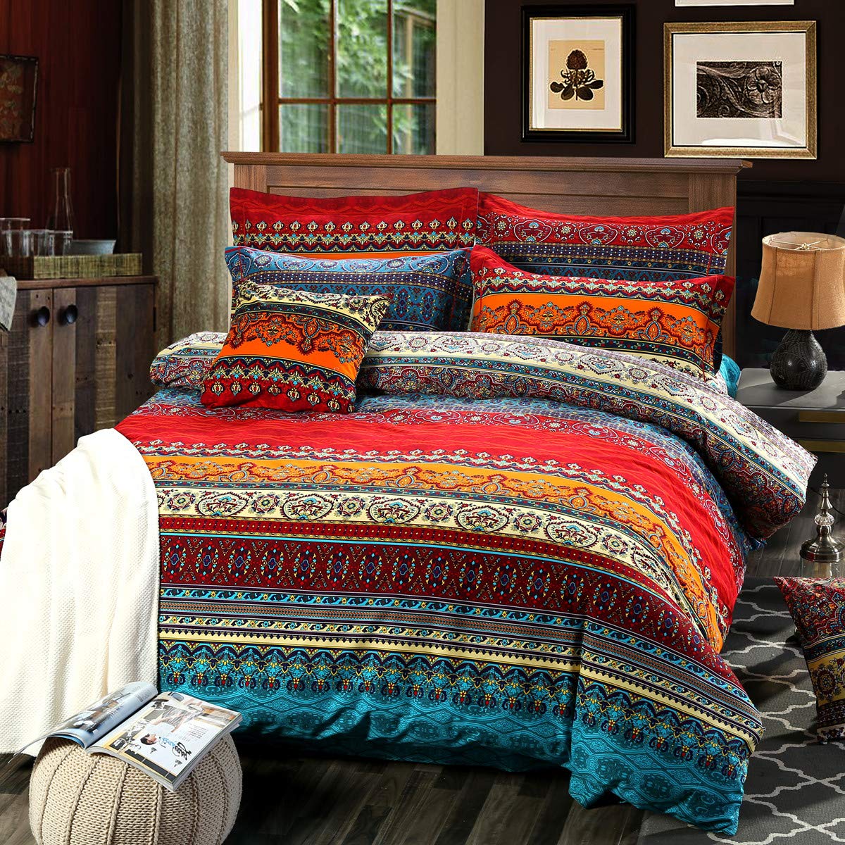 HNNSI 100% Brushed Cotton Boho Duvet Cover with 2 Pillow Shams Queen Size,Bohemian Exotic Striped Bedding Sets, Ethnic Vintage Floral Comforter Cover Sets