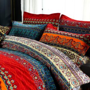 HNNSI 100% Brushed Cotton Boho Duvet Cover with 2 Pillow Shams Queen Size,Bohemian Exotic Striped Bedding Sets, Ethnic Vintage Floral Comforter Cover Sets