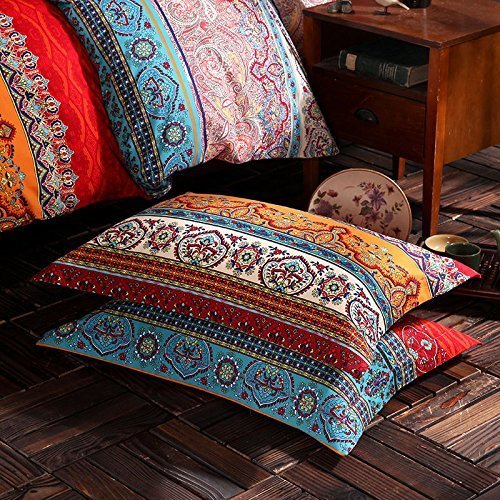 HNNSI 100% Brushed Cotton Boho Duvet Cover with 2 Pillow Shams Queen Size,Bohemian Exotic Striped Bedding Sets, Ethnic Vintage Floral Comforter Cover Sets