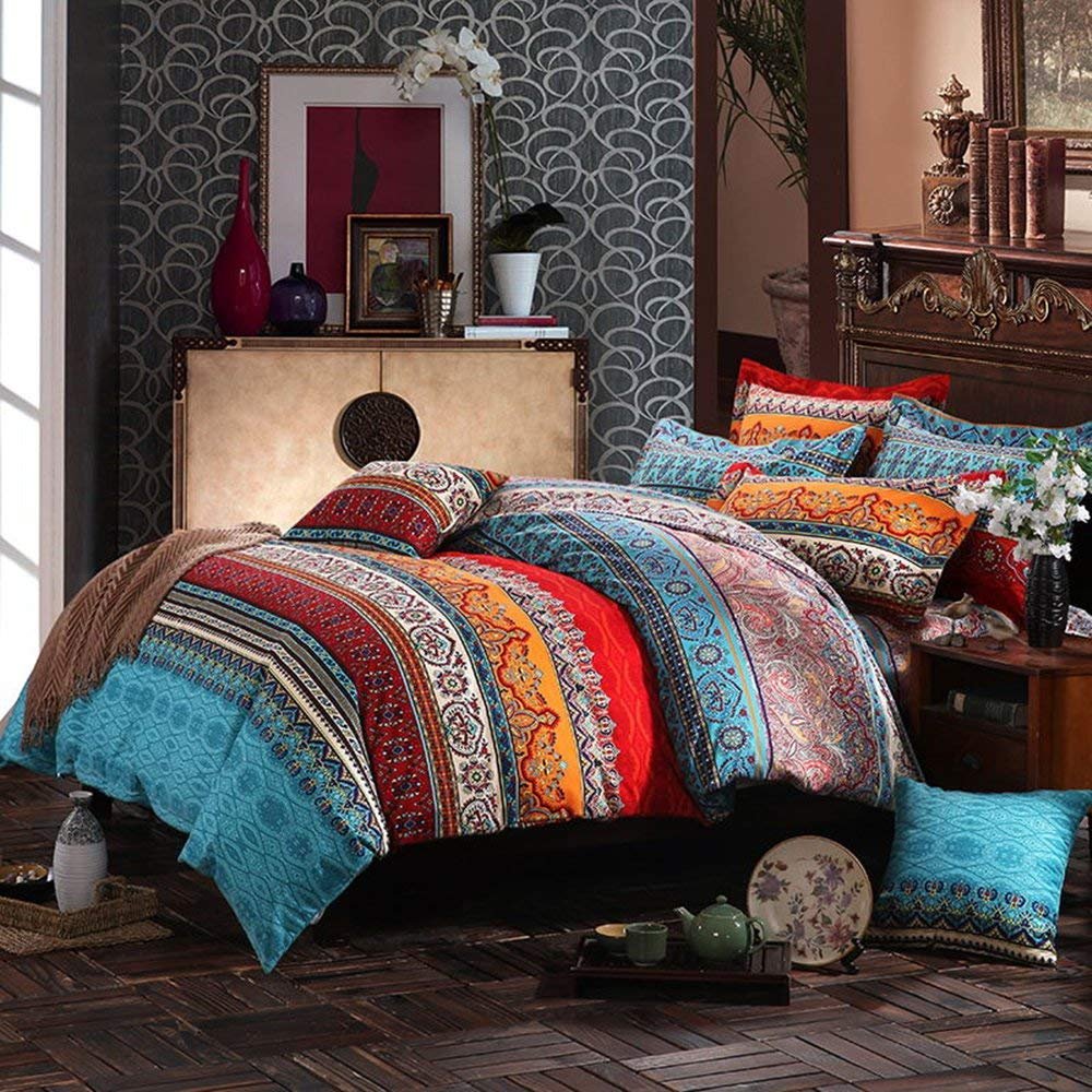 HNNSI 100% Brushed Cotton Boho Duvet Cover with 2 Pillow Shams Queen Size,Bohemian Exotic Striped Bedding Sets, Ethnic Vintage Floral Comforter Cover Sets