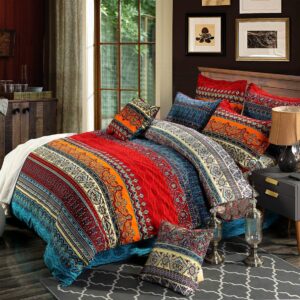 HNNSI 100% Brushed Cotton Boho Duvet Cover with 2 Pillow Shams Queen Size,Bohemian Exotic Striped Bedding Sets, Ethnic Vintage Floral Comforter Cover Sets