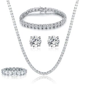 Gemsme 18K White Gold Plated Tennis Necklace/Bracelet/Earrings/Band Ring Sets Pack of 4 (10)