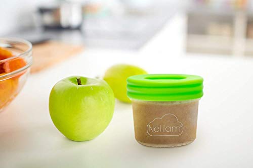 Nellam Baby Food Storage Containers - Leakproof, Airtight, Glass Jars for Freezing & Homemade Babyfood Prep - Reusable, BPA Free, 12 x 4oz Set, that is Microwave & Freezer Safe