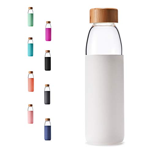 veegoal Glass Water Bottles 18 Oz Borosilicate with Bamboo Lid, BPA-FREE, Non-Slip Silicone Sleeve, and Stainless Steel Leak Proof Lid - Glass Water Bottle for Men and Women