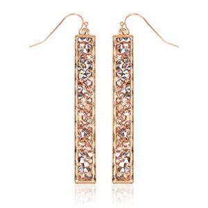 glitter rhinestone statement drop earrings - sparkly crystal geometric metal hook dangles vertical bar, elongated teardrop, shield disc (encrusted jewel - long bar champagne/gold)