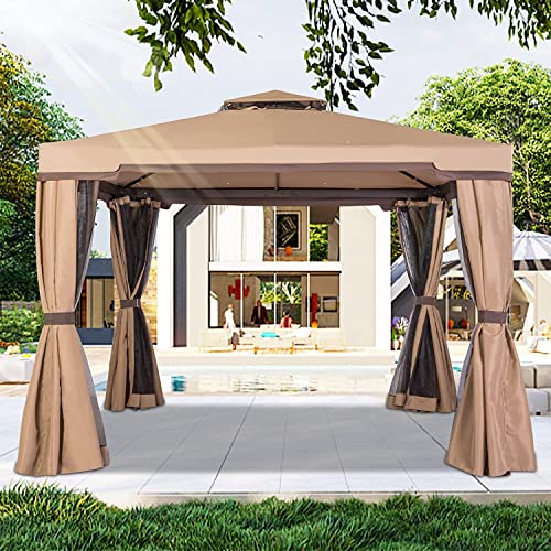 Incbruce Outdoor 10x10 Garden Gazebo, Steel Vented Double Roof Patios Canopy, Outside Gazebo with Mosquito Netting for Backyard, Lawns, Party (Brown)