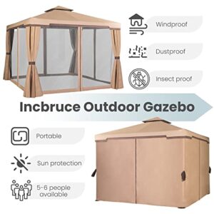 Incbruce Outdoor 10x10 Garden Gazebo, Steel Vented Double Roof Patios Canopy, Outside Gazebo with Mosquito Netting for Backyard, Lawns, Party (Brown)