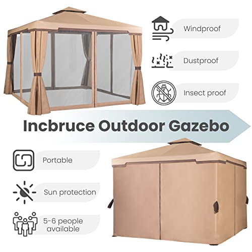 Incbruce Outdoor 10x10 Garden Gazebo, Steel Vented Double Roof Patios Canopy, Outside Gazebo with Mosquito Netting for Backyard, Lawns, Party (Brown)