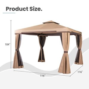 Incbruce Outdoor 10x10 Garden Gazebo, Steel Vented Double Roof Patios Canopy, Outside Gazebo with Mosquito Netting for Backyard, Lawns, Party (Brown)