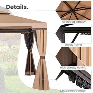 Incbruce Outdoor 10x10 Garden Gazebo, Steel Vented Double Roof Patios Canopy, Outside Gazebo with Mosquito Netting for Backyard, Lawns, Party (Brown)