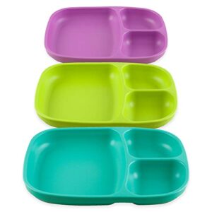re play set of 3 - made in the usa deep divided heavy duty dining plates with 3 compartments for all ages -  aqua, purple, lime green (mermaid)