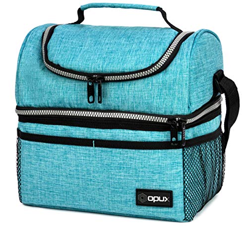 OPUX Lunch Box For Men Women, Insulated Large Lunch Bag Adult Work, Double Decker Lunchbox Meal Prep Dual Compartment Leakproof Lunch Cooler,Soft Lunch Tote Boys Girls Kids School, Aqua Turquoise 12L