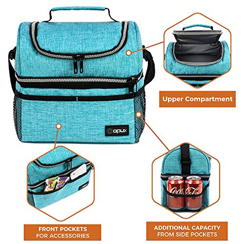 OPUX Lunch Box For Men Women, Insulated Large Lunch Bag Adult Work, Double Decker Lunchbox Meal Prep Dual Compartment Leakproof Lunch Cooler,Soft Lunch Tote Boys Girls Kids School, Aqua Turquoise 12L