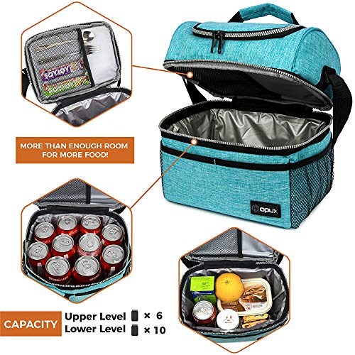 OPUX Lunch Box For Men Women, Insulated Large Lunch Bag Adult Work, Double Decker Lunchbox Meal Prep Dual Compartment Leakproof Lunch Cooler,Soft Lunch Tote Boys Girls Kids School, Aqua Turquoise 12L