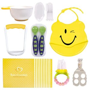 baby feeding gift set 8pc: silicone bib, masher and bowl, spoon and fork set, fruit feeder with rattle, finger toothbrush and food scissors by bebe n belle (yellow)