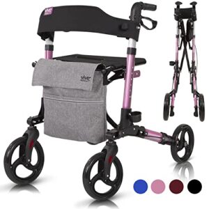 vive mobility rollator walker - folding 4 wheel medical rolling walker with seat & bag - mobility aid for adult, senior, elderly & handicap - aluminum transport chair (pink)