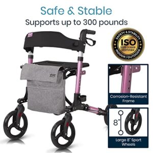 Vive Mobility Rollator Walker - Folding 4 Wheel Medical Rolling Walker with Seat & Bag - Mobility Aid for Adult, Senior, Elderly & Handicap - Aluminum Transport Chair (Pink)