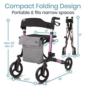 Vive Mobility Rollator Walker - Folding 4 Wheel Medical Rolling Walker with Seat & Bag - Mobility Aid for Adult, Senior, Elderly & Handicap - Aluminum Transport Chair (Pink)