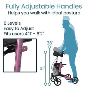 Vive Mobility Rollator Walker - Folding 4 Wheel Medical Rolling Walker with Seat & Bag - Mobility Aid for Adult, Senior, Elderly & Handicap - Aluminum Transport Chair (Pink)