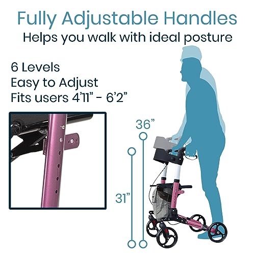 Vive Mobility Rollator Walker - Folding 4 Wheel Medical Rolling Walker with Seat & Bag - Mobility Aid for Adult, Senior, Elderly & Handicap - Aluminum Transport Chair (Pink)