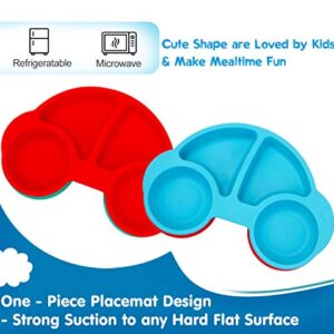 Silicone Divided Toddler Plates - Portable Non Slip Suction Feeding Plates for Children Babies and Kids BPA Free Baby Dinner Plate (Car-Blue)