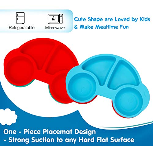 Silicone Divided Toddler Plates - Portable Non Slip Suction Feeding Plates for Children Babies and Kids BPA Free Baby Dinner Plate (Car-Blue)