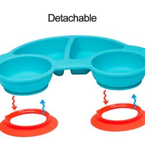 Silicone Divided Toddler Plates - Portable Non Slip Suction Feeding Plates for Children Babies and Kids BPA Free Baby Dinner Plate (Car-Blue)