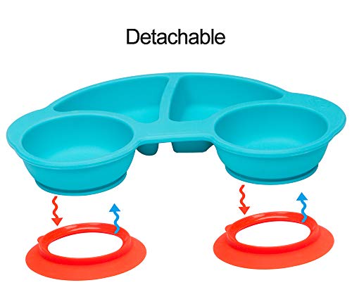 Silicone Divided Toddler Plates - Portable Non Slip Suction Feeding Plates for Children Babies and Kids BPA Free Baby Dinner Plate (Car-Blue)