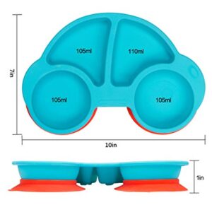 Silicone Divided Toddler Plates - Portable Non Slip Suction Feeding Plates for Children Babies and Kids BPA Free Baby Dinner Plate (Car-Blue)