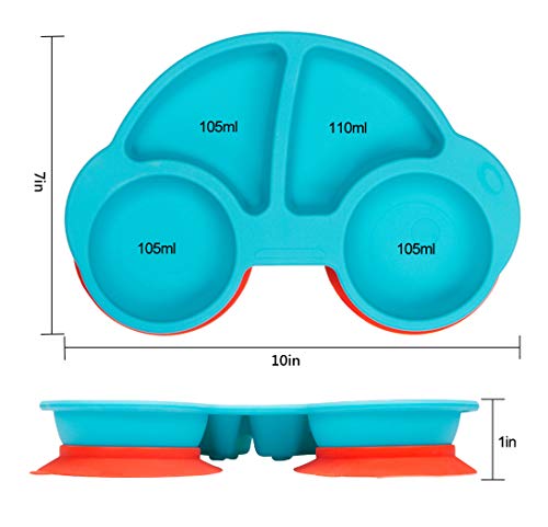 Silicone Divided Toddler Plates - Portable Non Slip Suction Feeding Plates for Children Babies and Kids BPA Free Baby Dinner Plate (Car-Blue)