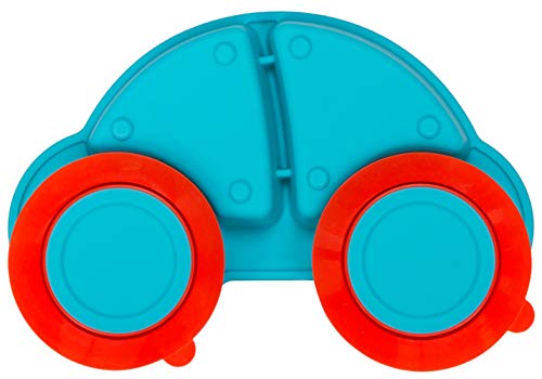 Silicone Divided Toddler Plates - Portable Non Slip Suction Feeding Plates for Children Babies and Kids BPA Free Baby Dinner Plate (Car-Blue)