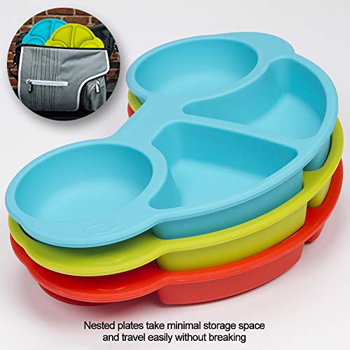 Silicone Divided Toddler Plates - Portable Non Slip Suction Feeding Plates for Children Babies and Kids BPA Free Baby Dinner Plate (Car-Blue)