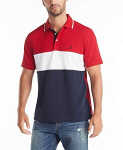 nautica men's short sleeve 100% cotton pique color block polo shirt, red, large