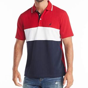 Nautica Men's Short Sleeve 100% Cotton Pique Color Block Polo Shirt, Red, Large