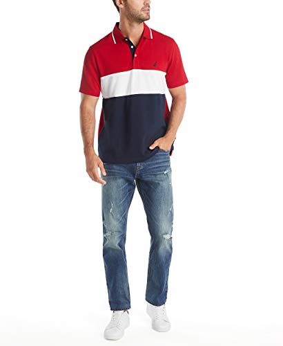 Nautica Men's Short Sleeve 100% Cotton Pique Color Block Polo Shirt, Red, Large