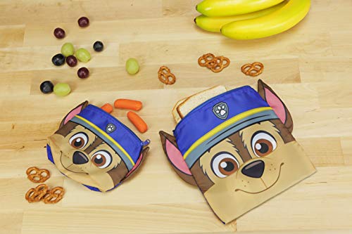 Paw Patrol Chase Reusable Kid Snack Bag/Kid Sandwich Bag 2 Pack. Washable, Food Safe, BPA-Free, Dishwasher-Safe, Zipper Closure. Includes 1 Sandwich & 1 Snack Bag. Snack Bag Stands up with Handle