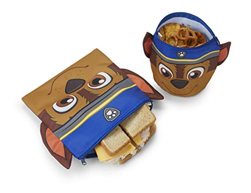 Paw Patrol Chase Reusable Kid Snack Bag/Kid Sandwich Bag 2 Pack. Washable, Food Safe, BPA-Free, Dishwasher-Safe, Zipper Closure. Includes 1 Sandwich & 1 Snack Bag. Snack Bag Stands up with Handle