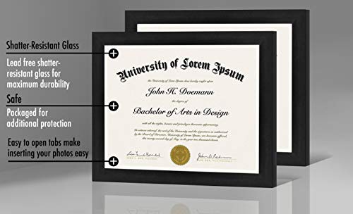 Americanflat 8.5x11 Picture Frame in Black - Set of 2 - Use as Diploma Frame or Certificate Frame with Shatter Resistant Glass - Hanging Hardware and Easel Included for Wall and Tabletop Display