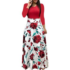 kanhan fashion women long sleeve floral boho print slim long maxi dress high waist casual dress (l, red)