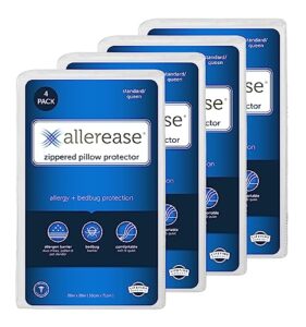 set of 4 standard/queen allerease pillow protectors - moisture wicking, advanced allergy protection - premium polyester, zippered protectors