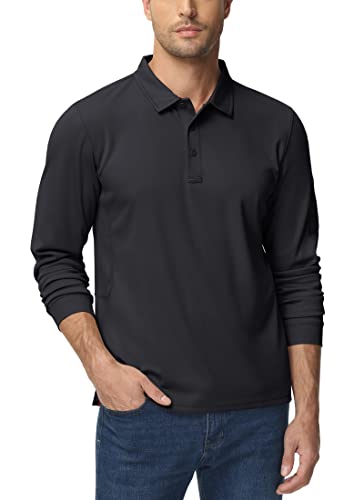 TACVASEN Men's Long Sleeve Polo Shirts Collar Shirts Quick Dry Golf Polo Fishing Tee Shirts Black Polo Shirt for Men