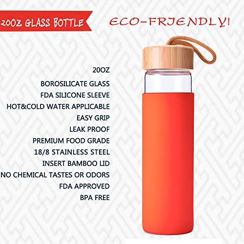 Yomious 20 Oz Borosilicate Glass Water Bottle with Bamboo Lid and Silicone Sleeve – Reusable BPA Free – Glass Drinking Bottle with Lids - Cute Glass Bottle for Women - Glass Shaker Bottle