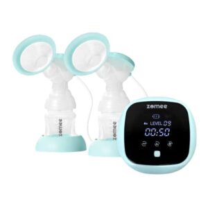 zomee z1 double electric breast pump | milk flow stimulating massage mode and 9 comfortable suction levels | lcd screen | rechargeable | portable