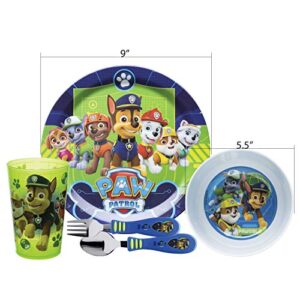 zak! PAW Patrol - 5-Piece Dinnerware Set - Durable Plastic & Stainless Steel - Includes Tumbler, 8-Inch Plate, 6-Inch Bowl, Fork & Spoon - Suitable for Kids Ages 3+