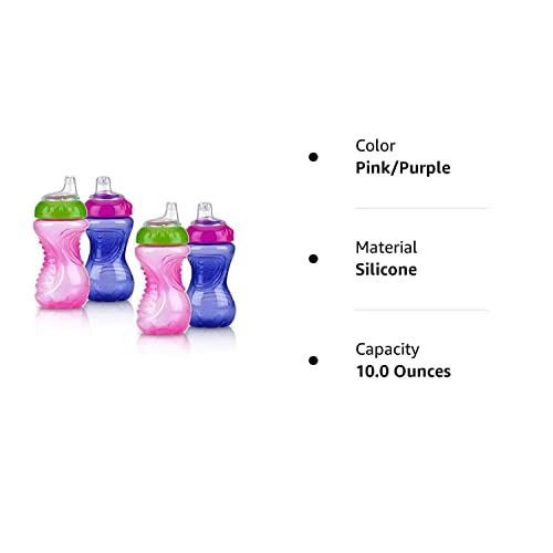 Nuby 4 Piece No Spill Easy Grip Trainer Cup 10 oz, Pink/Purple